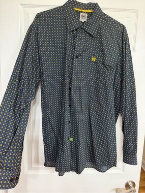 Cinch Men's Navy Blue Shirt with Yellow Geo Print